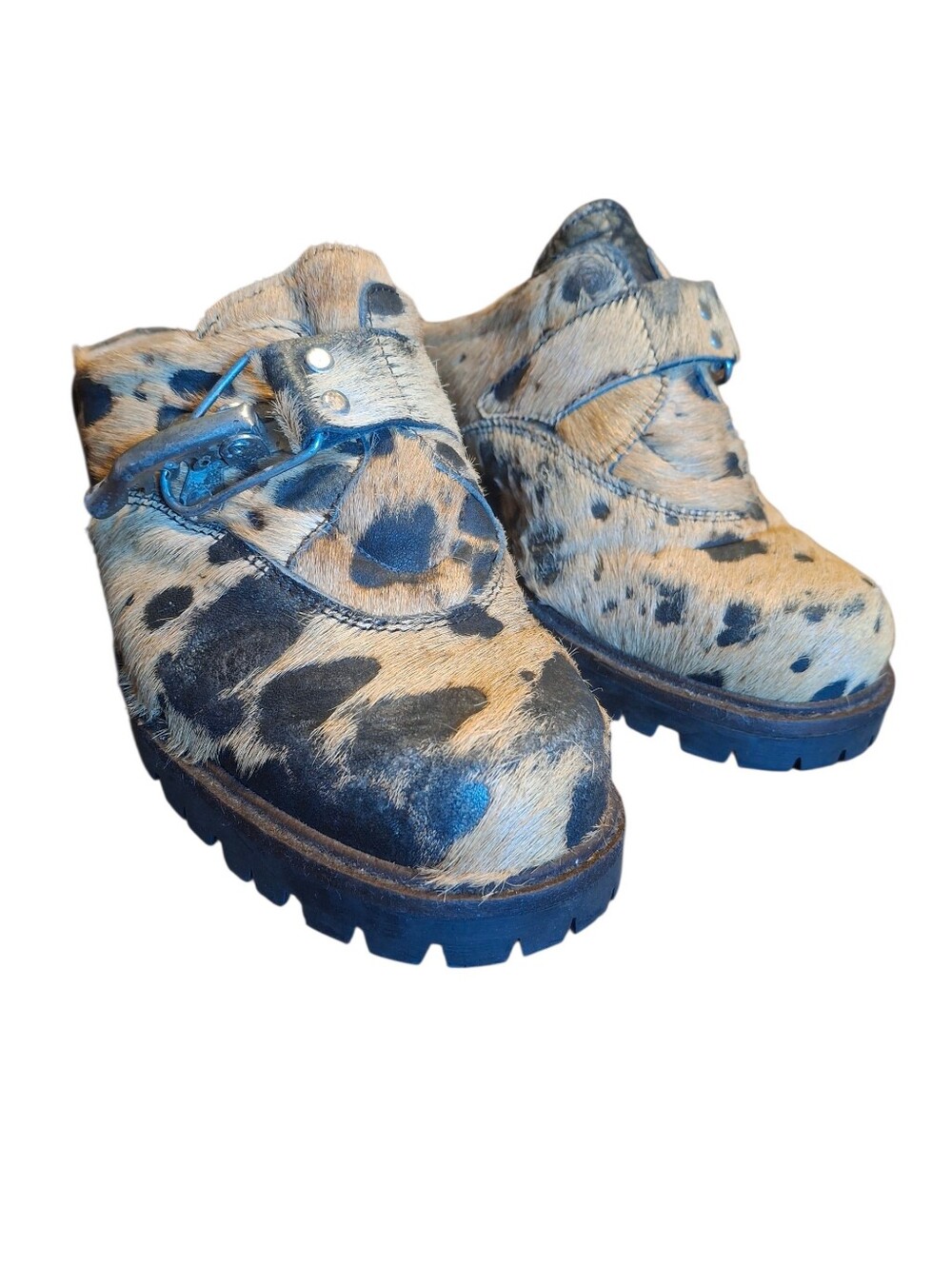 Vintage Geier Wally Austria Pony Hair Cow Print Clogs Sz 8.5 Lug Sole Mule - Picture 2 of 13